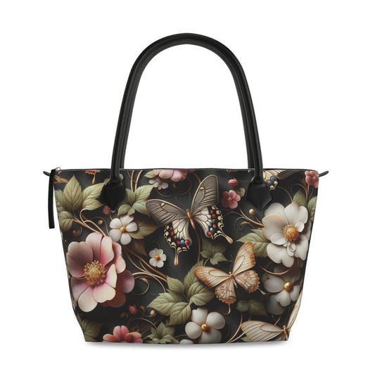 Leather Zip Top Floral and Butterfly Handbag