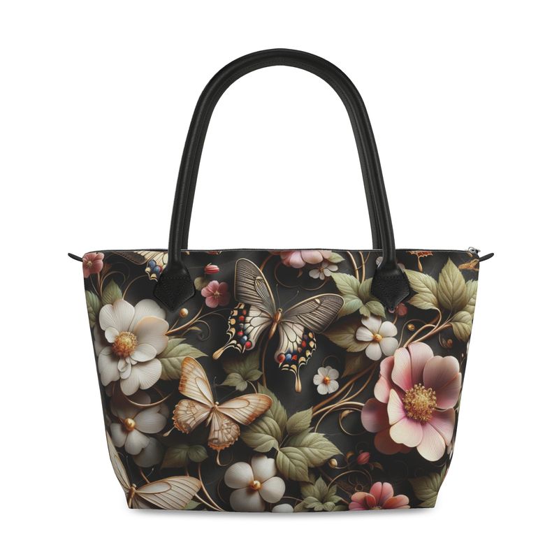 Leather Zip Top Floral and Butterfly Handbag