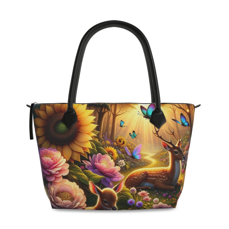 Leather Zip Top Floral and Deer Handbag